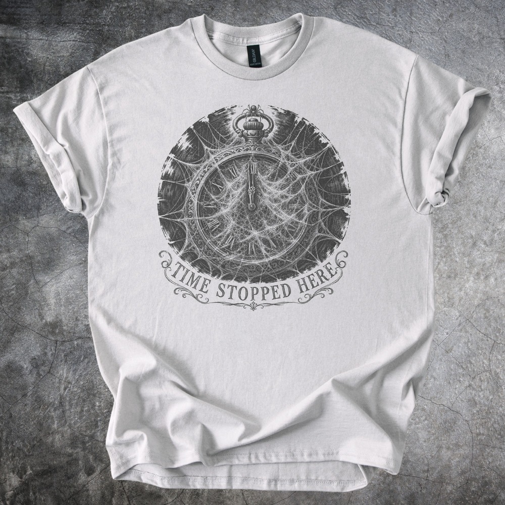 Time Stopped Here Pocket Watch Caught in Spider Webs Tee